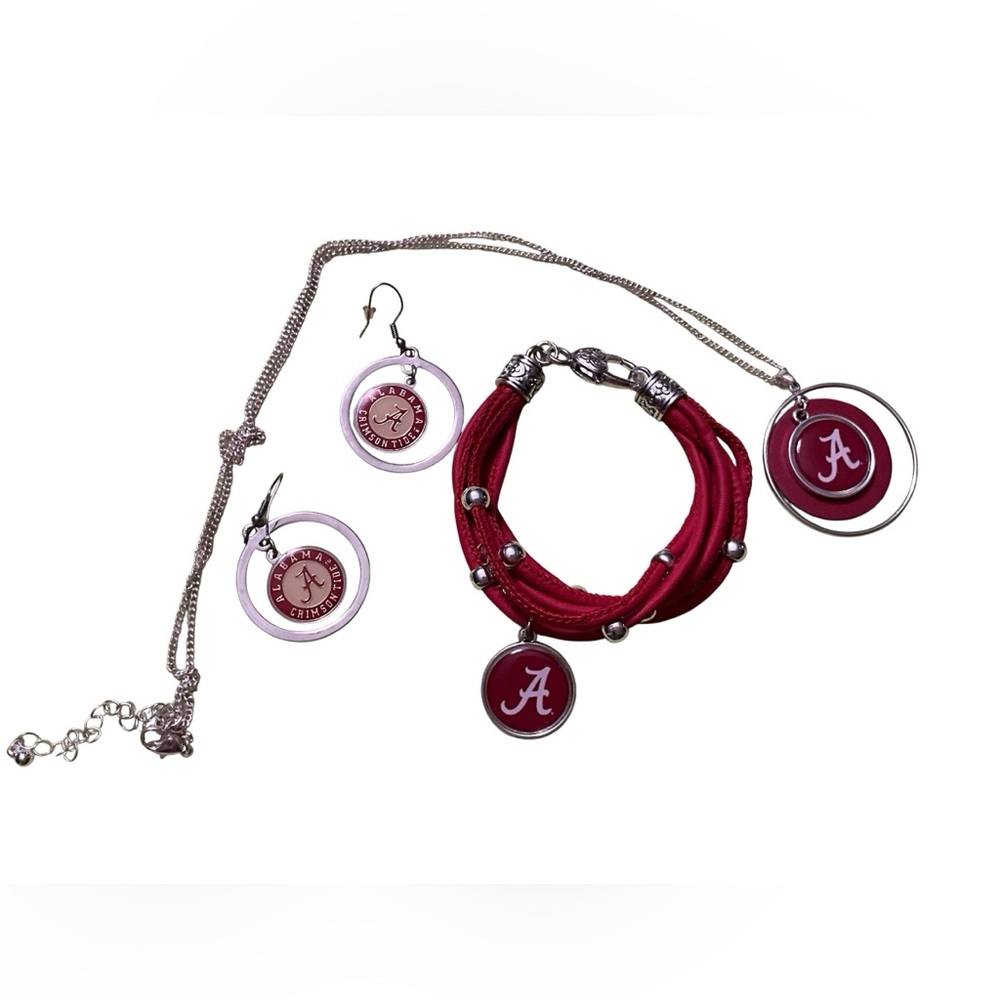 Alabama Crimson Tide Jewelry Set Necklace Bracelet Earrings Red Silver Tone